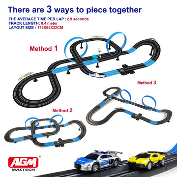 Agm Mastech High Speed Series Dual Track Set, 8.4M Electric Track With 4 Vehicles Official Licensed Slot Car Racing, Comes With 2 Hand Controls And Track Parts And A Lap Counter.