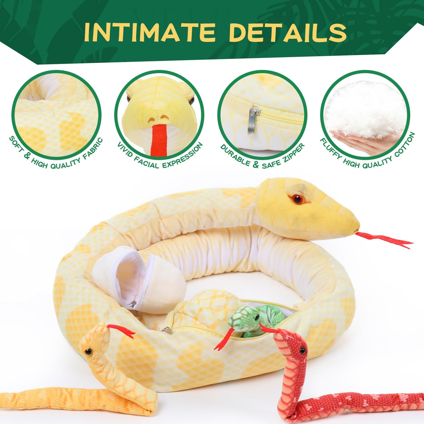 Tezituor Giant Stuffed Snake Plush, Yellow Snake Stuffed Animal With 3 Snake Babies & 2 Eggs,80' Long Boa Constrictor Snake Toys For Boys Girls Birthday Gifts