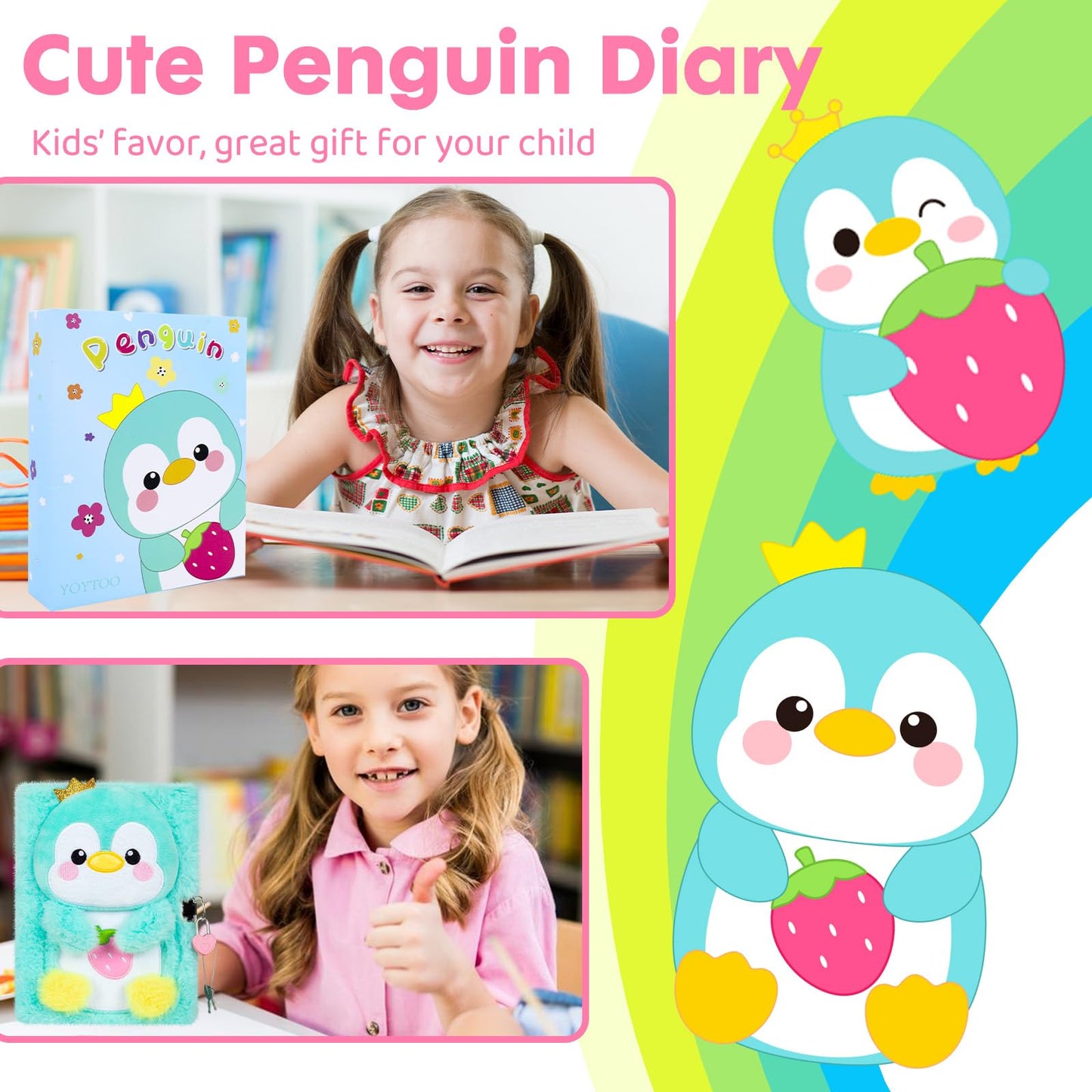 Penguin Diary For Girls With Lock, Plush Penguin Toys Gift For Teen Girls, Kids Writing Journal Notebook, Birthday Gifts For Little Girls Ages 5 6 7 8 9 10-12 Year Old