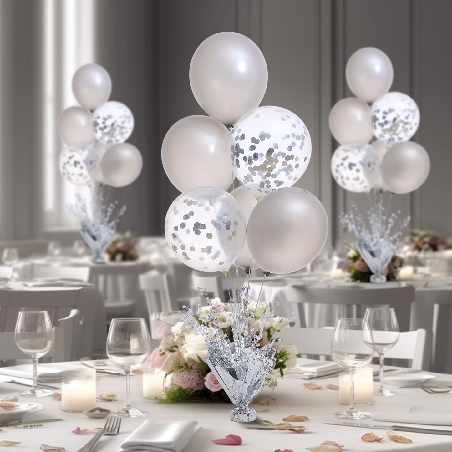 4 Set Silver Table Balloons Centerpiece Stand Kit With Silver And Confetti Balloons For Graduation Birthday Party Baby Shower Wedding Bridal Shower Prom Retirement Table Decorations