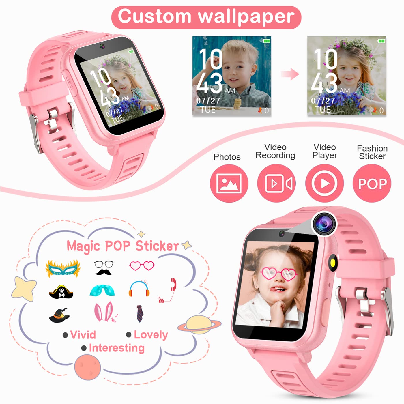 Tixpc Kids Smart Watch For Kids Girls With Camera Music Player Pedometer Alarm Clock Games Calculator Flashlight 12/24 Hr Kids Watches Toys For Girls Gift For 6 7 8 9 10 11 12 Year Old Girls