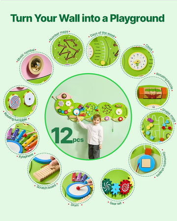 VEVOR Caterpillar Activity Wall Busy Board Wall, 12 Wall Activities Board, Montessori Sensory Wall Panel for Kids 3-12 Years, Se