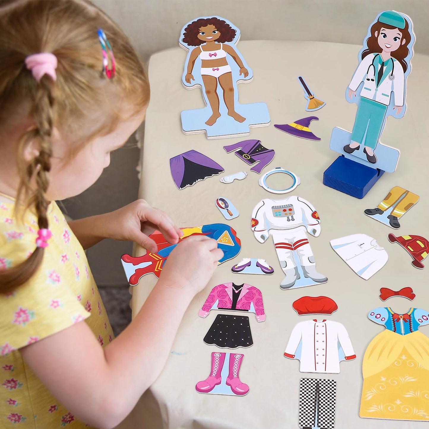 Atoylink Wooden Magnetic Dress Up Dolls For Girls Pretend Play Set, Princess/Witch/Occupations Community Helpers Matching Games Fashion Paper Dolls For Toddlers Preschool Learning Toys Gifts