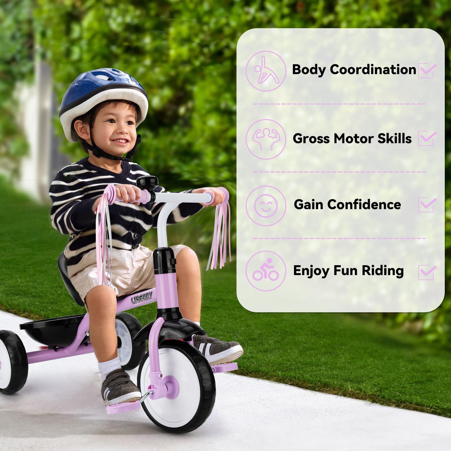 Liberry Toddler Tricycle Age 2 3 4 Years Old, Kids Trike with Bell, Back Basket and Removable Pedal, 3 Wheel Bike Riding Toy Gif