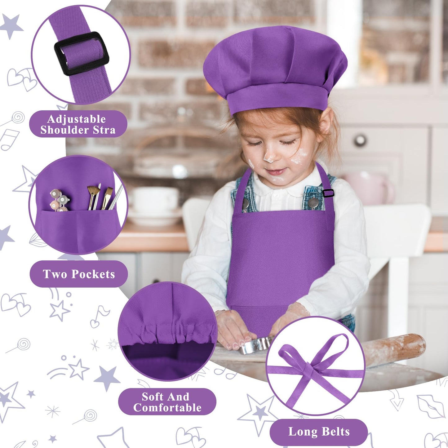 Bouboni Kids Apron And Chef Hat Set (Purple) - Unisex Child, Adjustable, Polyester, 2 Pockets, For Cooking, Baking, Painting