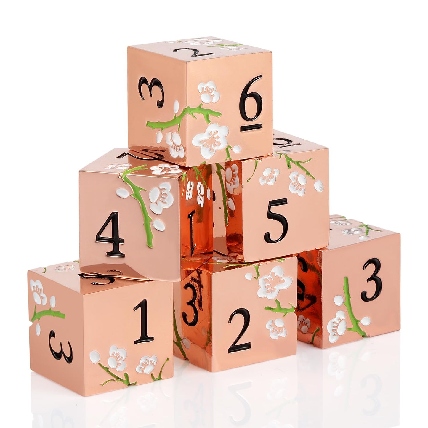 DNDND Flowers D6 DND Dice, 6 PCS Extra Six Sided Metal Dice with Black Velvet Bag for DND Pathfinder Shadowrun or GURPs (White F