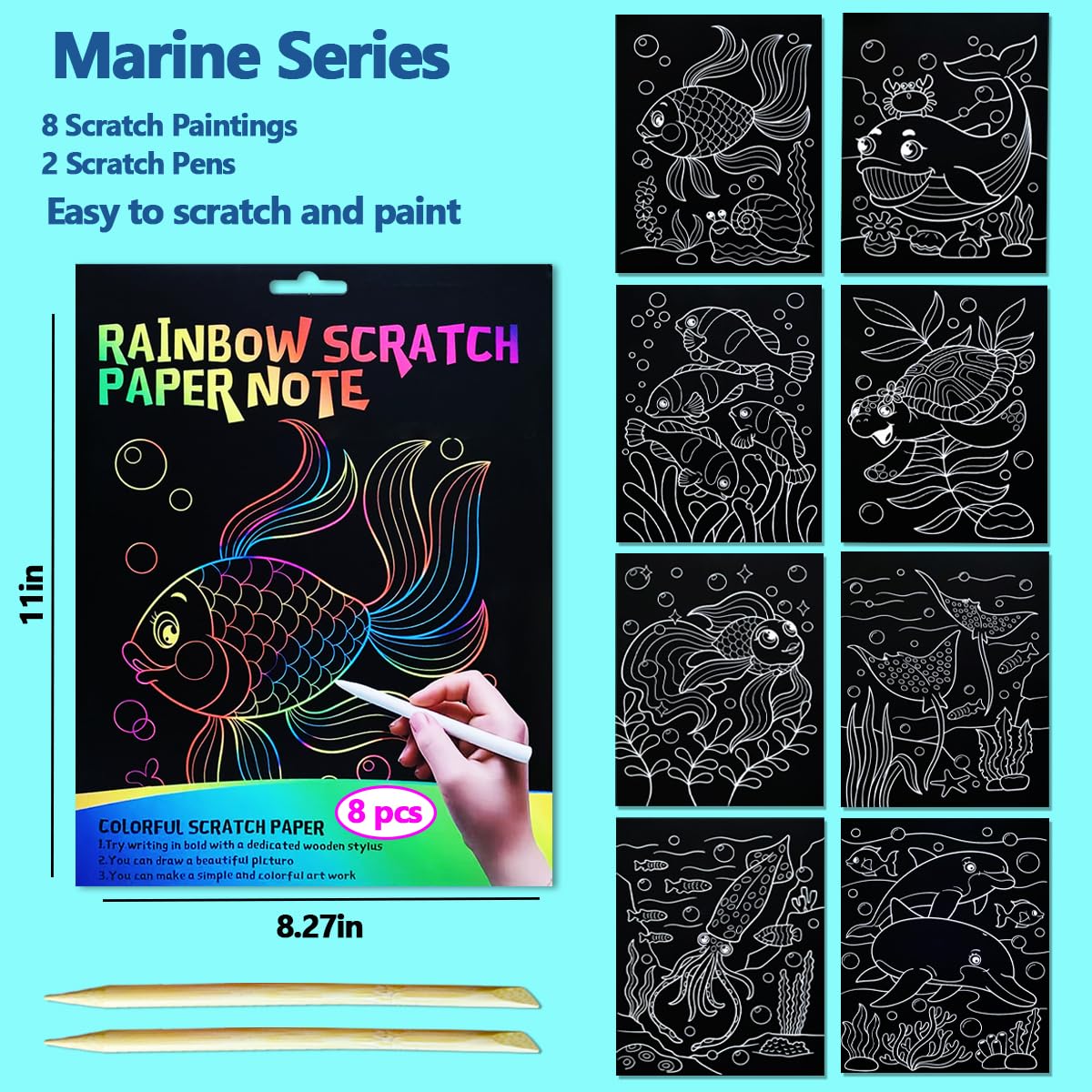 JUNQIU Scratch Art for Kids, Rainbow Scratch Paper Art Set - Ocean, Arts and Crafts for Kids Ages 4-8 Girls Boys, Kids Activity