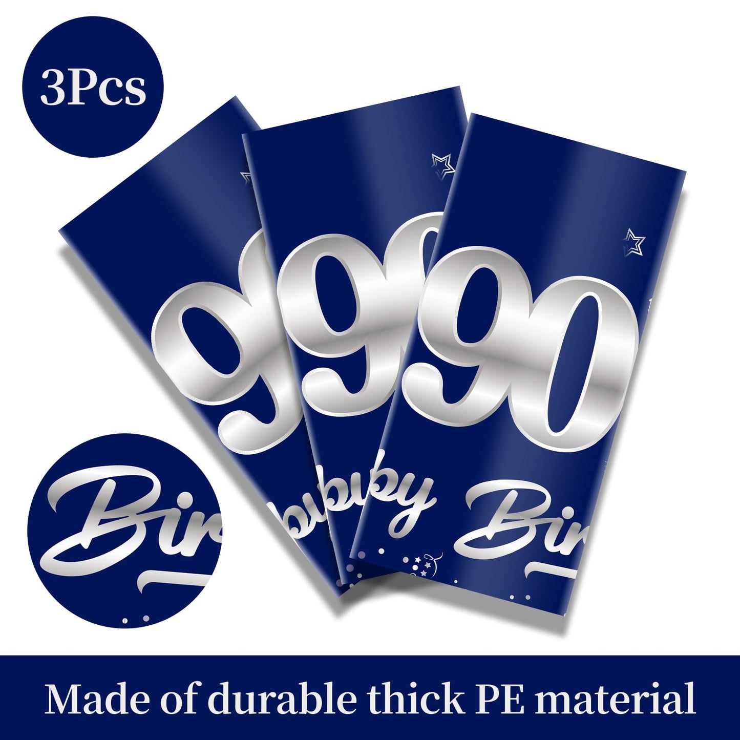 Turypaty 3 Packs 90Th Birthday Tablecloth Decoration For Men, Blue Silver Happy 90Th Birthday Table Cover Party Supplies, Ninety