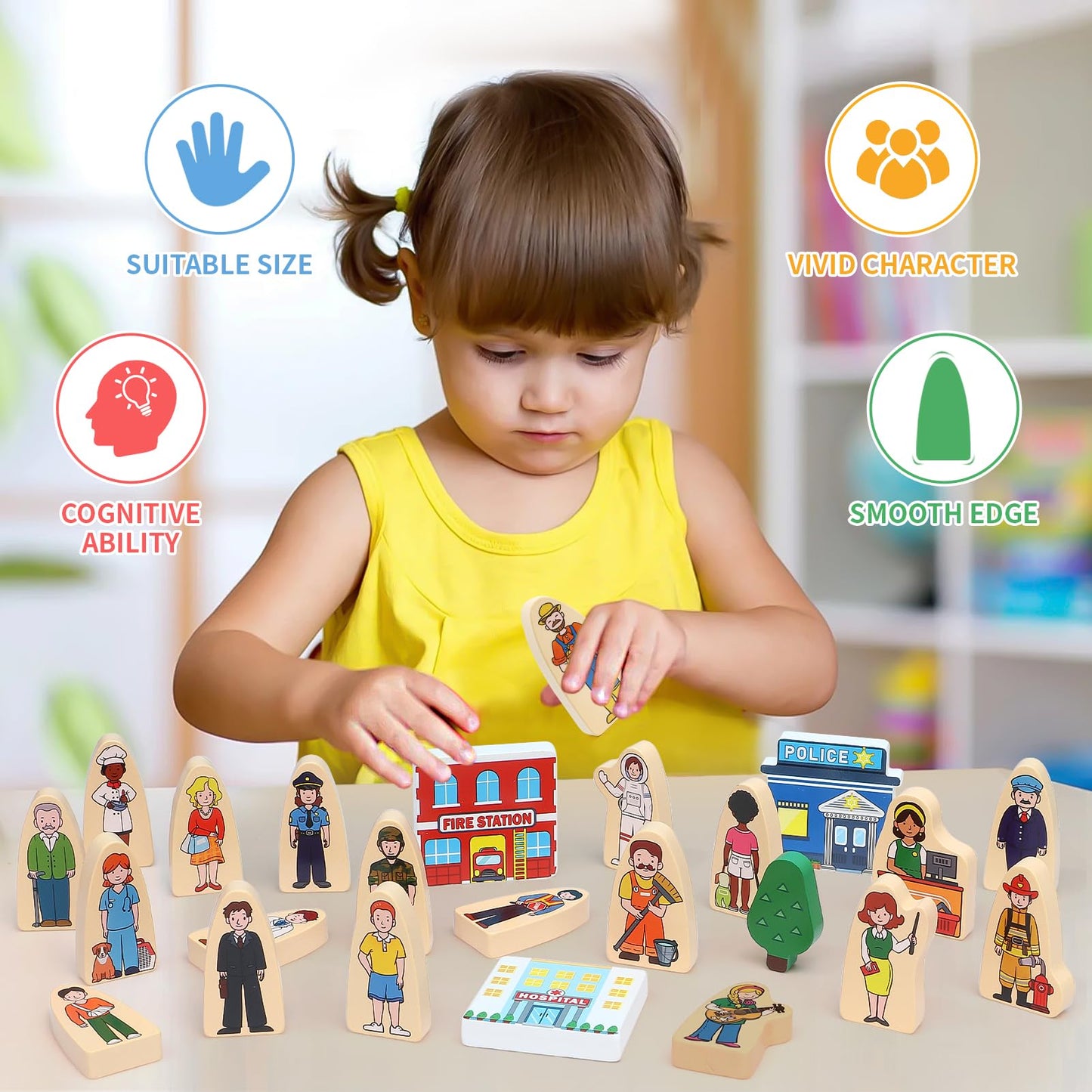 Atoylink 36Pcs Wooden Community Helpers Pretend Play Toys For Kids 3 4 5 6 Year Old, Little People Figures Wooden Blocks Occupations Dress Up Toddlers Preschool Learning Toys Boys Girls Birthday Gifts