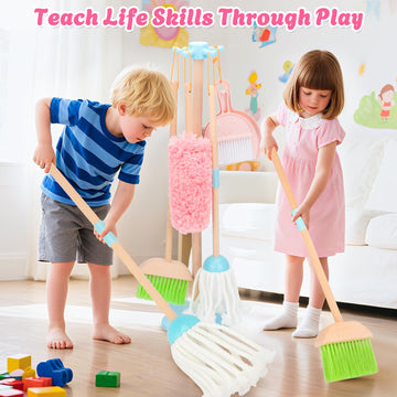 Kids Cleaning Set, Wooden Toddler Broom Set for Housekeeping, 7 Pieces Montessori Cleaning Toys with Kids Broom and Mop Set, Hou