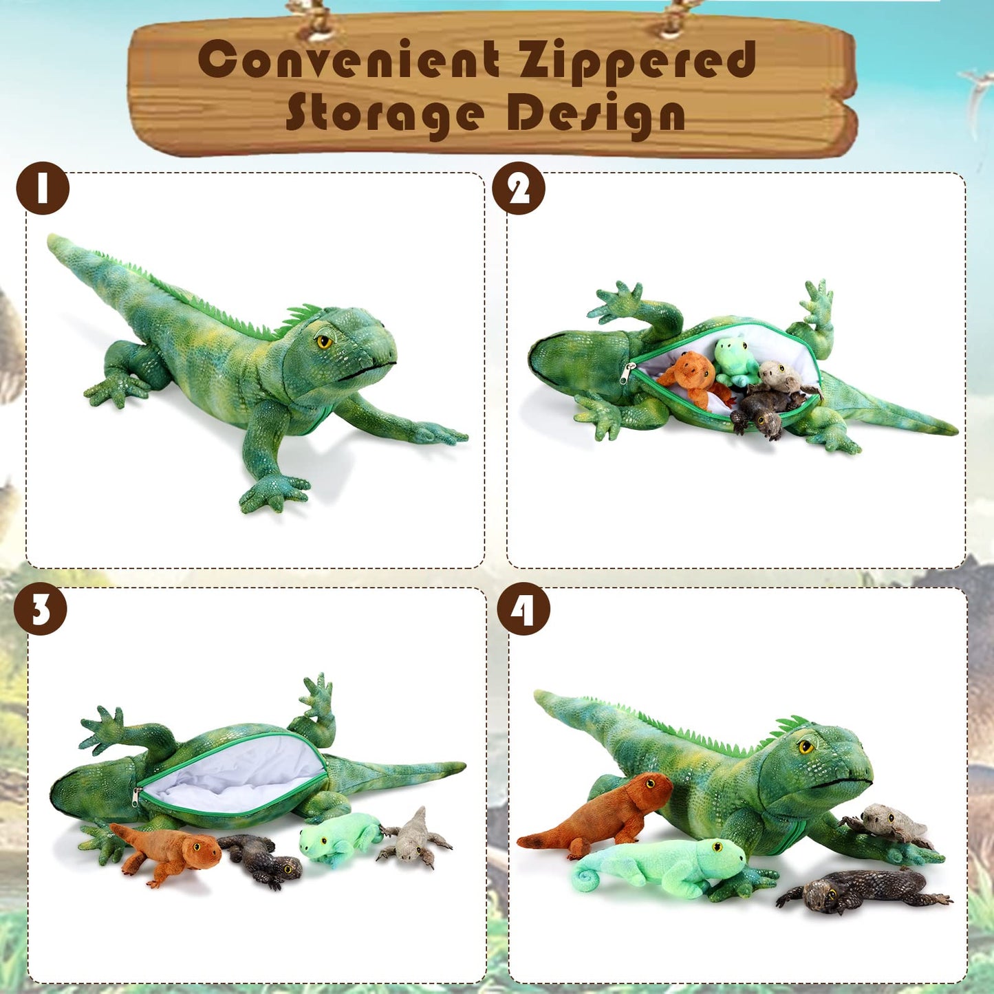 Hydren Lizard Stuffed Animal Plush Toy 26 Inch Iguana Plush With 4 Babies Inside Large Simulation Iguana Dragon Animal Toy Gifts