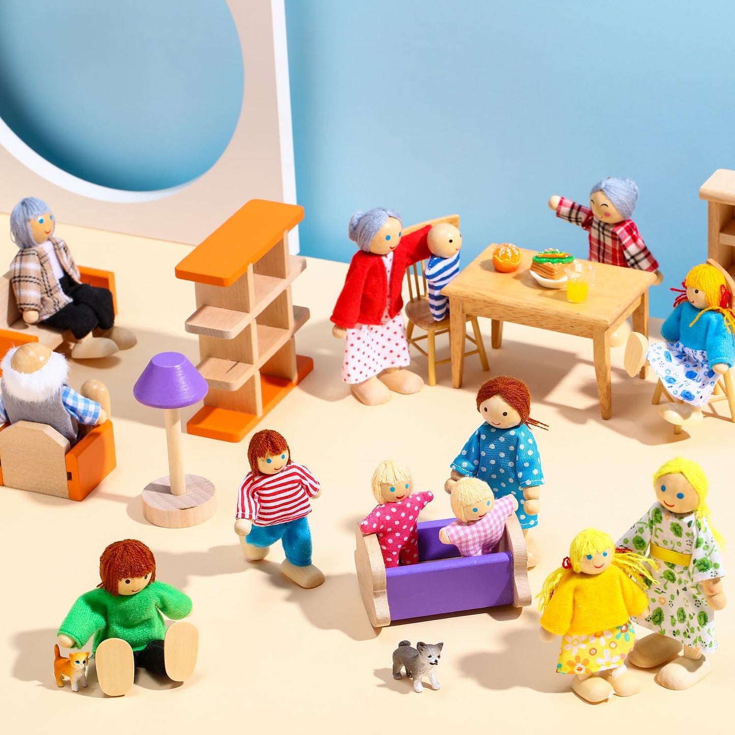 Skylety 20 Pcs Wooden Dollhouse Family Set Of 16 Mini People Figures And 4 Pets, Wooden Dollhouse Dolls Family Cosplay Figures Accessories For Pretend Toy(Vivid Style)