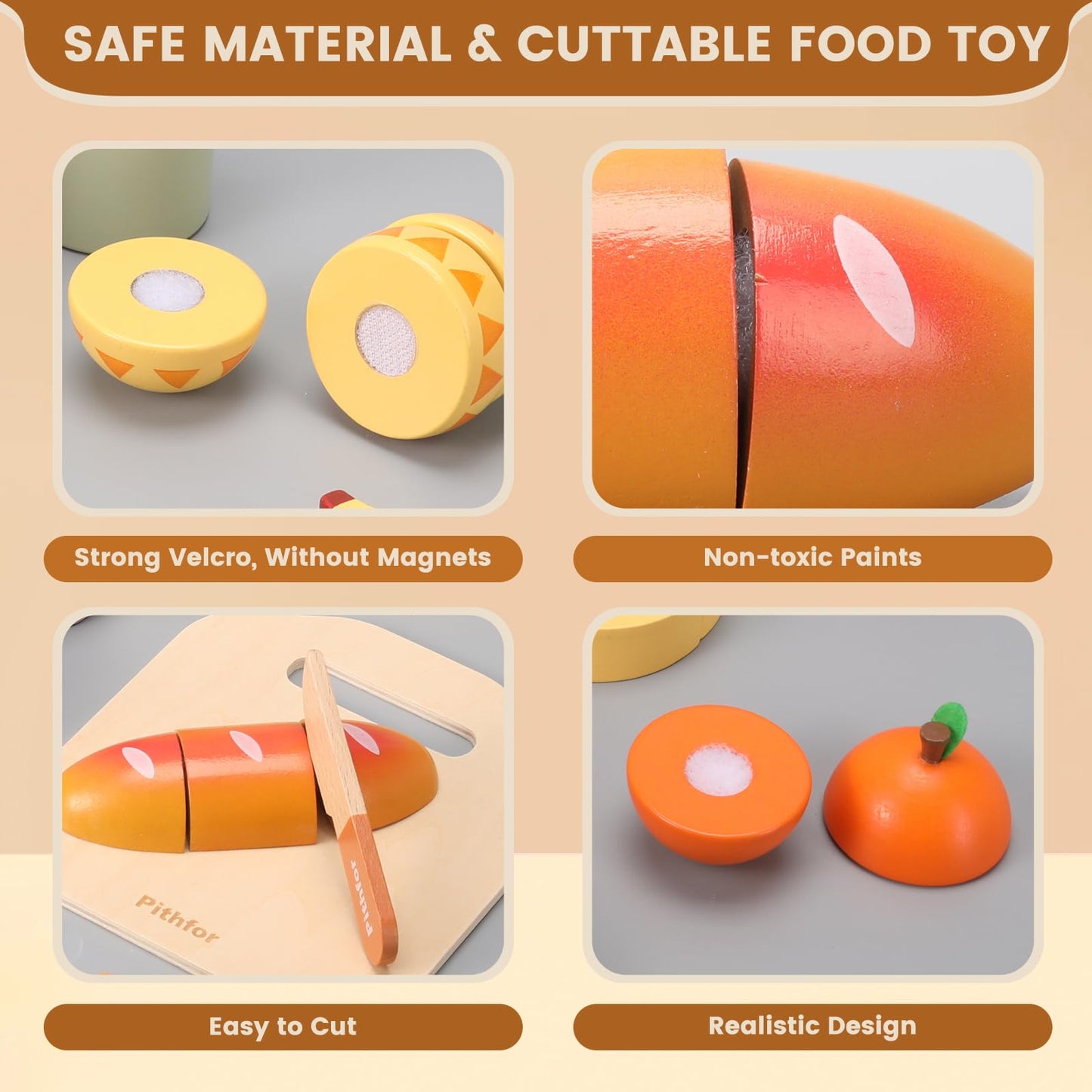 Pithfor Picnic Playset, Wooden Play Food Set for Kids Kitchen, Cutting Pretend Play Kitchen Food Toy for Toddlers Girls Boys 1 2
