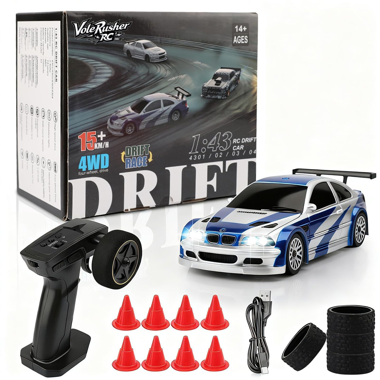 Volerusher Rc 1/43 Scale Mini Rc Drift Car - Micro Small With Full Proportional Rtr 2.4Ghz Remote, 2 Tire Sets, 8 Cones, High Sp