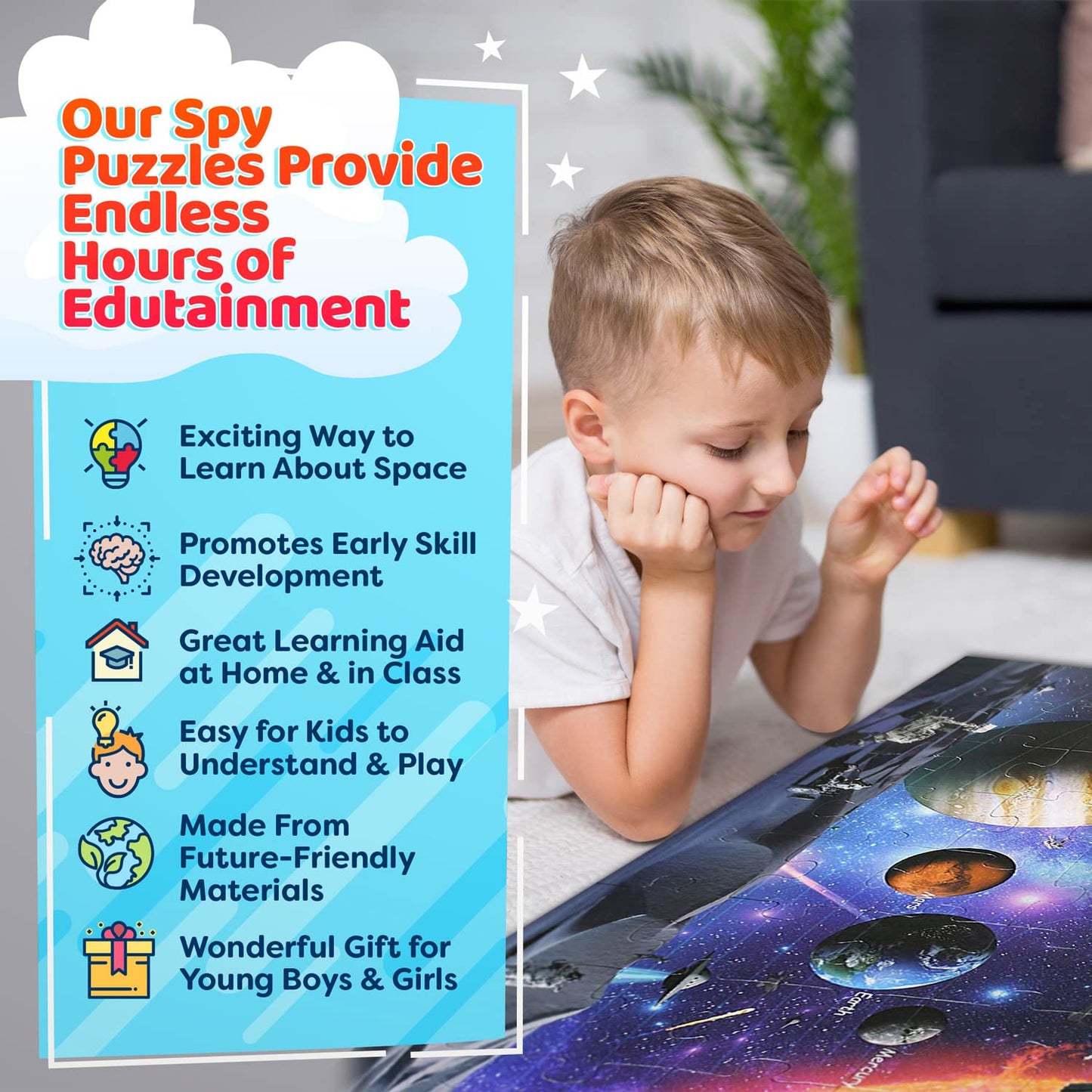 Solar System Spy Puzzle With Flashcards And Magnifying Glass 2Ft X 3Ft - Large 48 Piece Space Floor Puzzle For Kids Ages 4-8 Yea