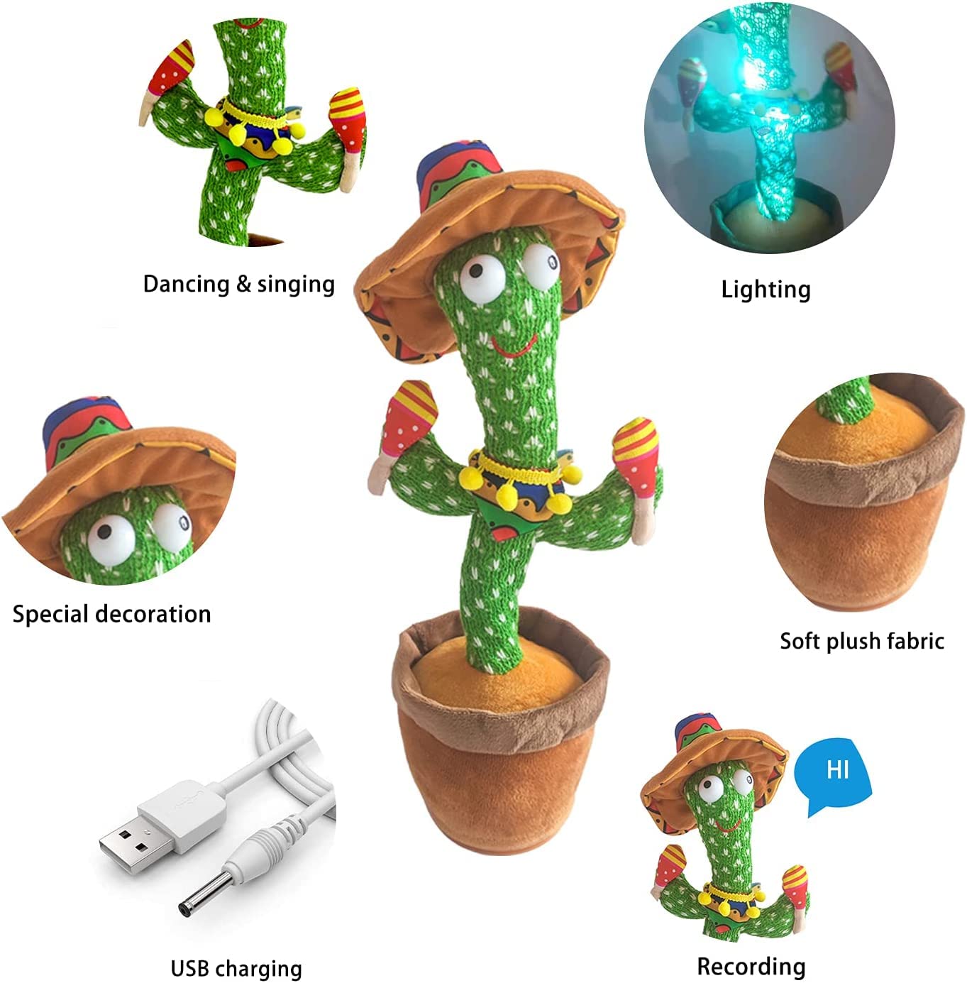 Vocloud Dancing Cactus Talking Cactus Baby Toys-Infant Tummy Time Toys For For 0-6 Months 6-12Months 1 Year Old,Recording,Repeat
