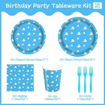 AURORAPARTY 120 Pcs Blue Sky Paper Plates Birthday Party Tableware Set White Cloud Napkins Forks Cartoon Story Party Decorations