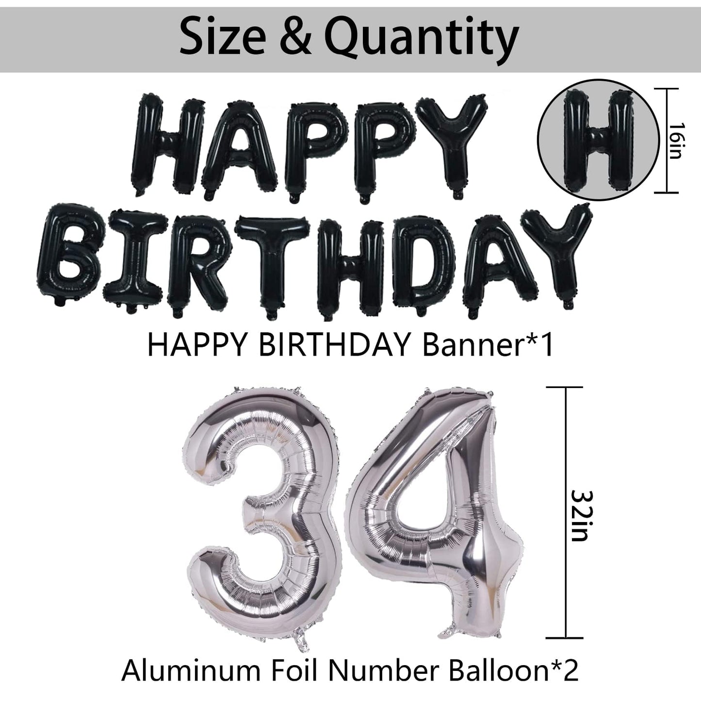 NANINUNENO 34th Birthday Party Decorations - Black & Silver, Latex & Foil, Includes Banner, Balloons & Stars, Model BS-RG-14