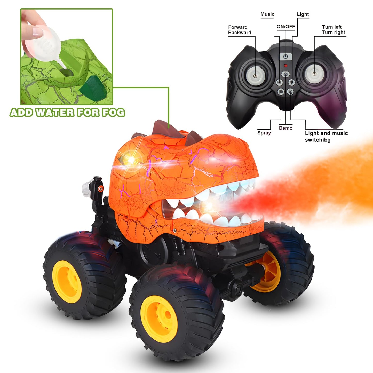 Dinosaur Remote Control Car, 360 Rotating RC Stunt Car Monster Truck Toys with Spray, Light & Sound, 2.4GHz All Terrain RC Cars