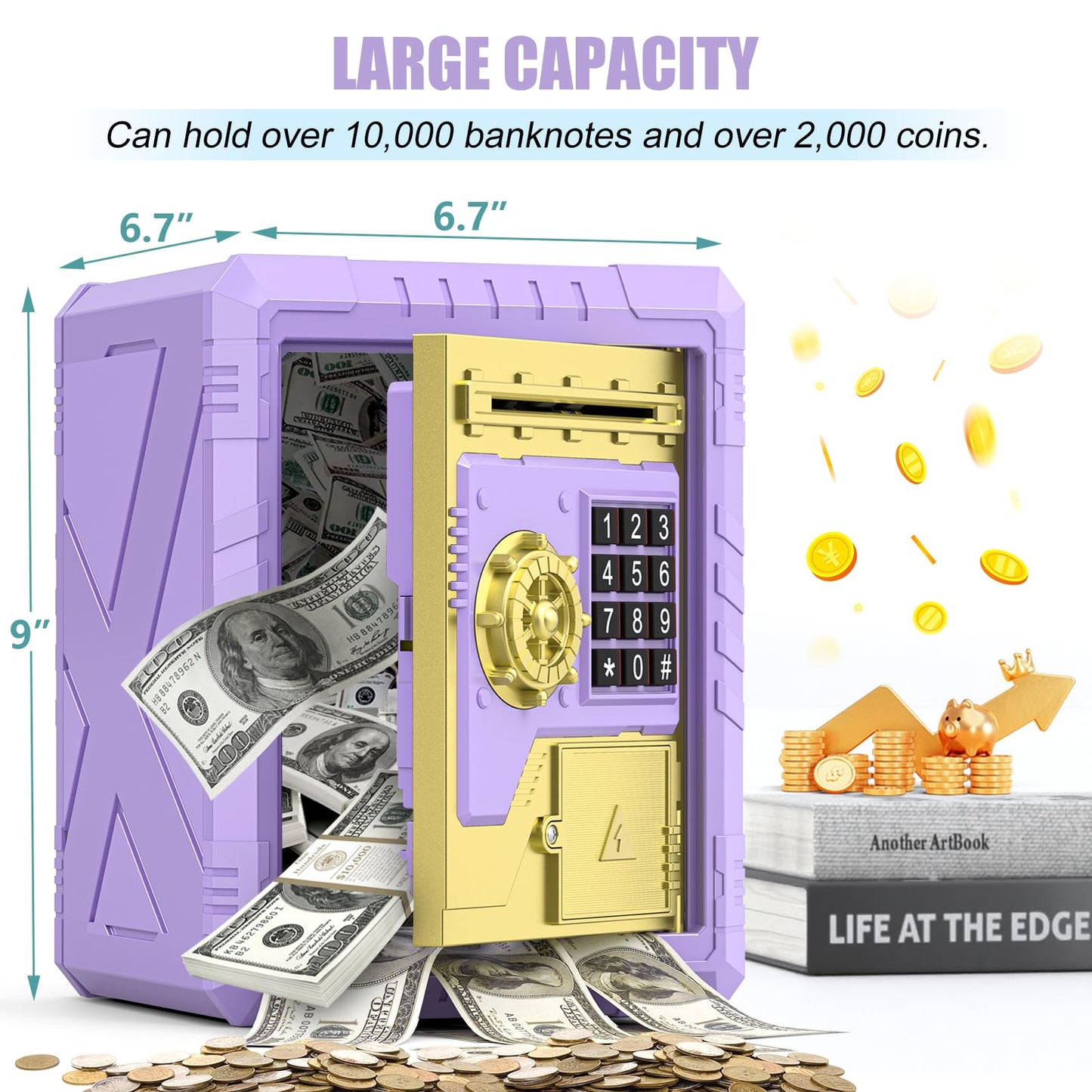 Summidate Piggy Bank for Kids Girls, ATM Piggy Bank with Password Access and Customizable Code, Electronic Saving Box with Autom