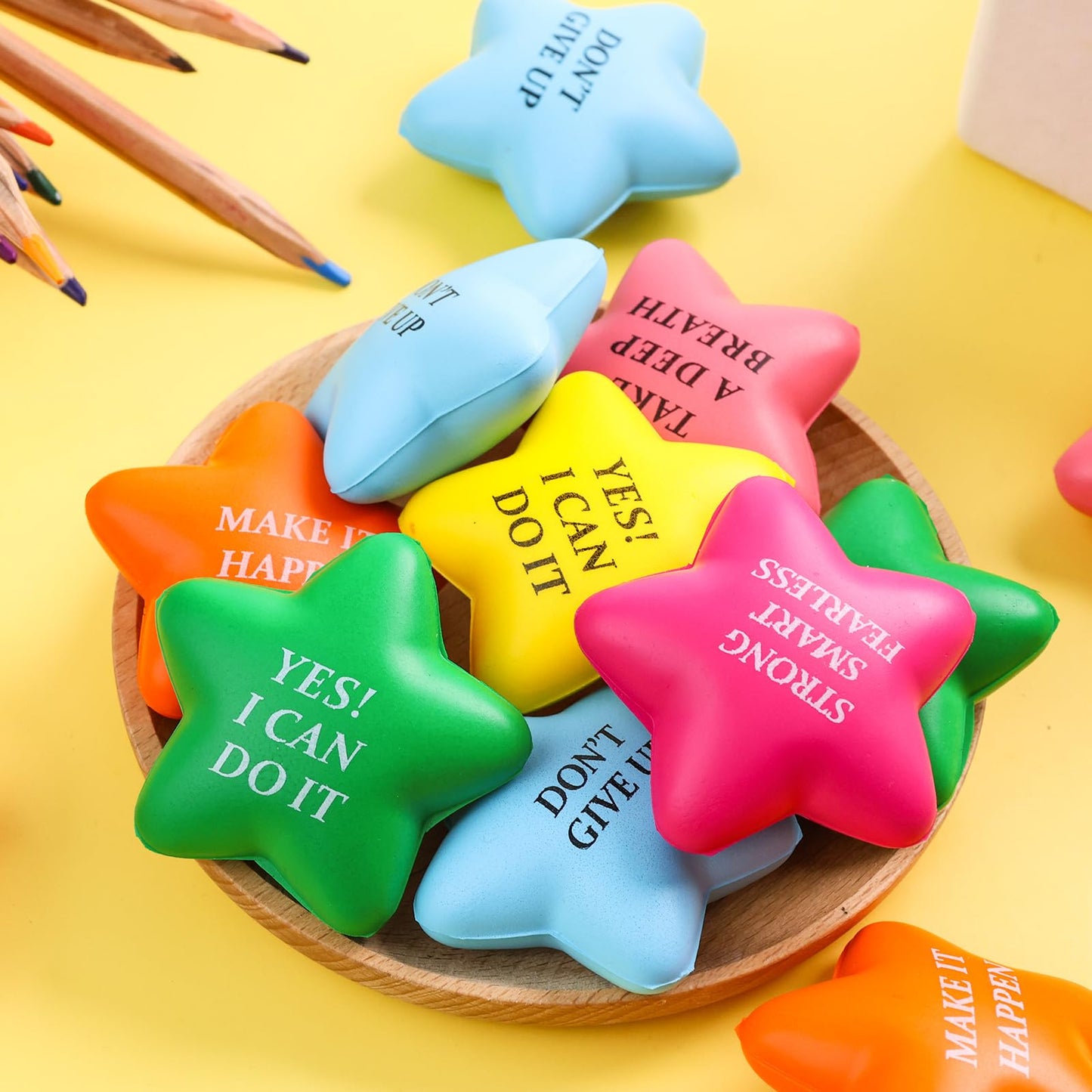 Lovestown 24Pcs Inspirational Stress Relief Balls, 2Inch Star Stress Balls Motivational Stress Balls Colorful Foam Squeeze Balls For Kids Adults Anxiety Fidget Sensory