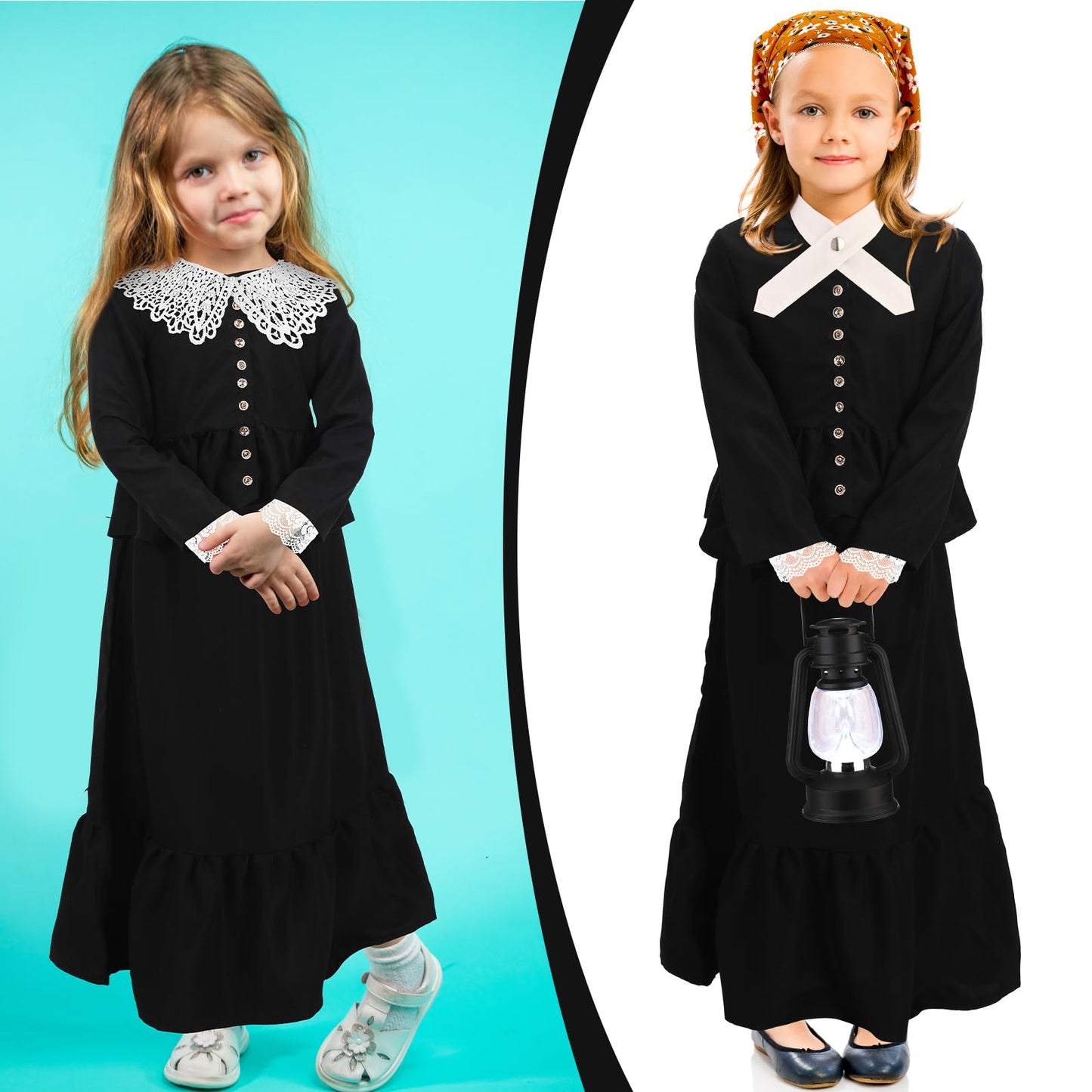 Panitay 6 Pc 1800S Colonial Costumes With Lace Cuffs Lace Collar Led Lantern For 100Th Day Of School Cosplay Party Girls Kids(X-
