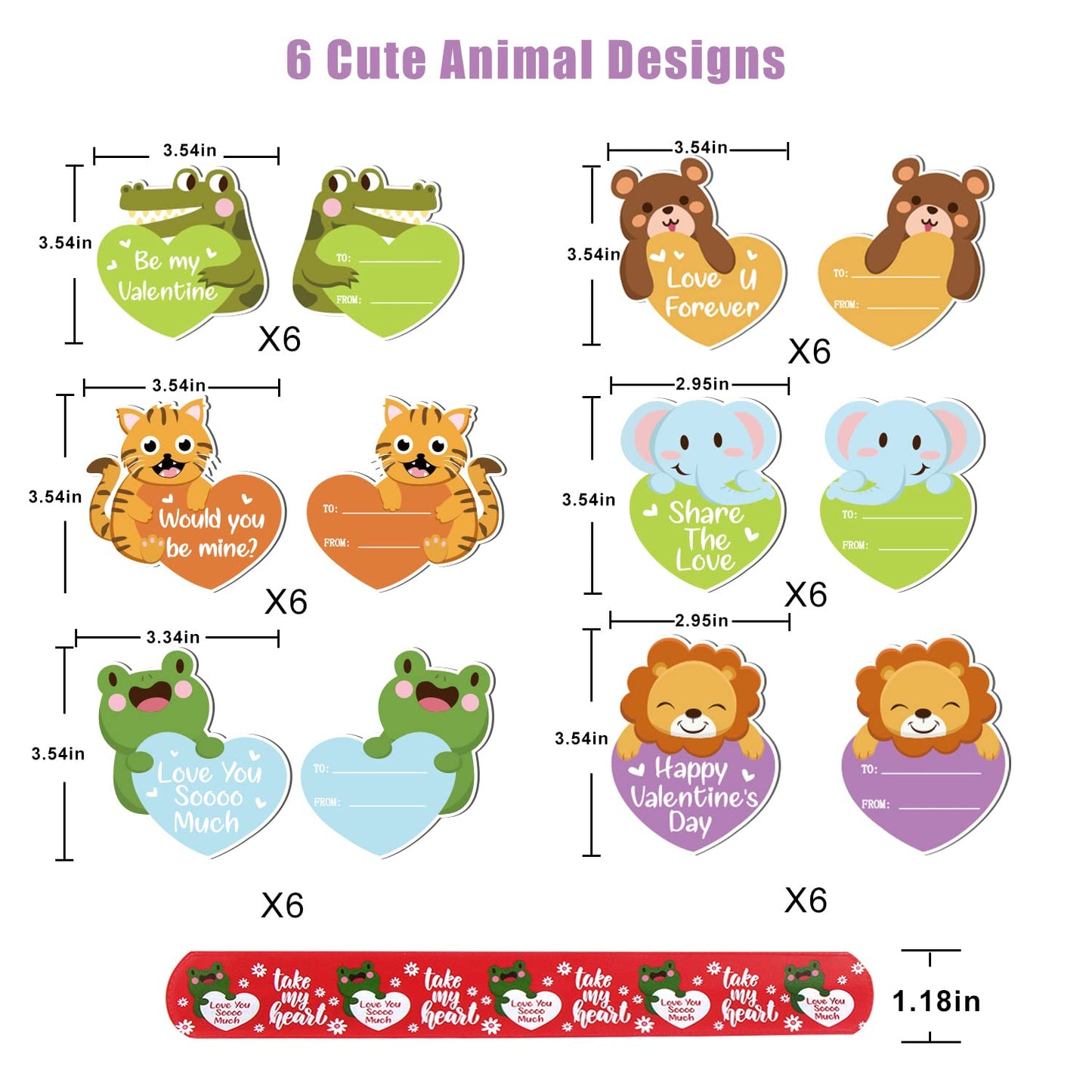 FOIMAS Valentine's Day Slap Bracelet Set,32pcs Animal Heart Snap Bracelet Wristband and 36pcs Gift Cards for Kids School Classro