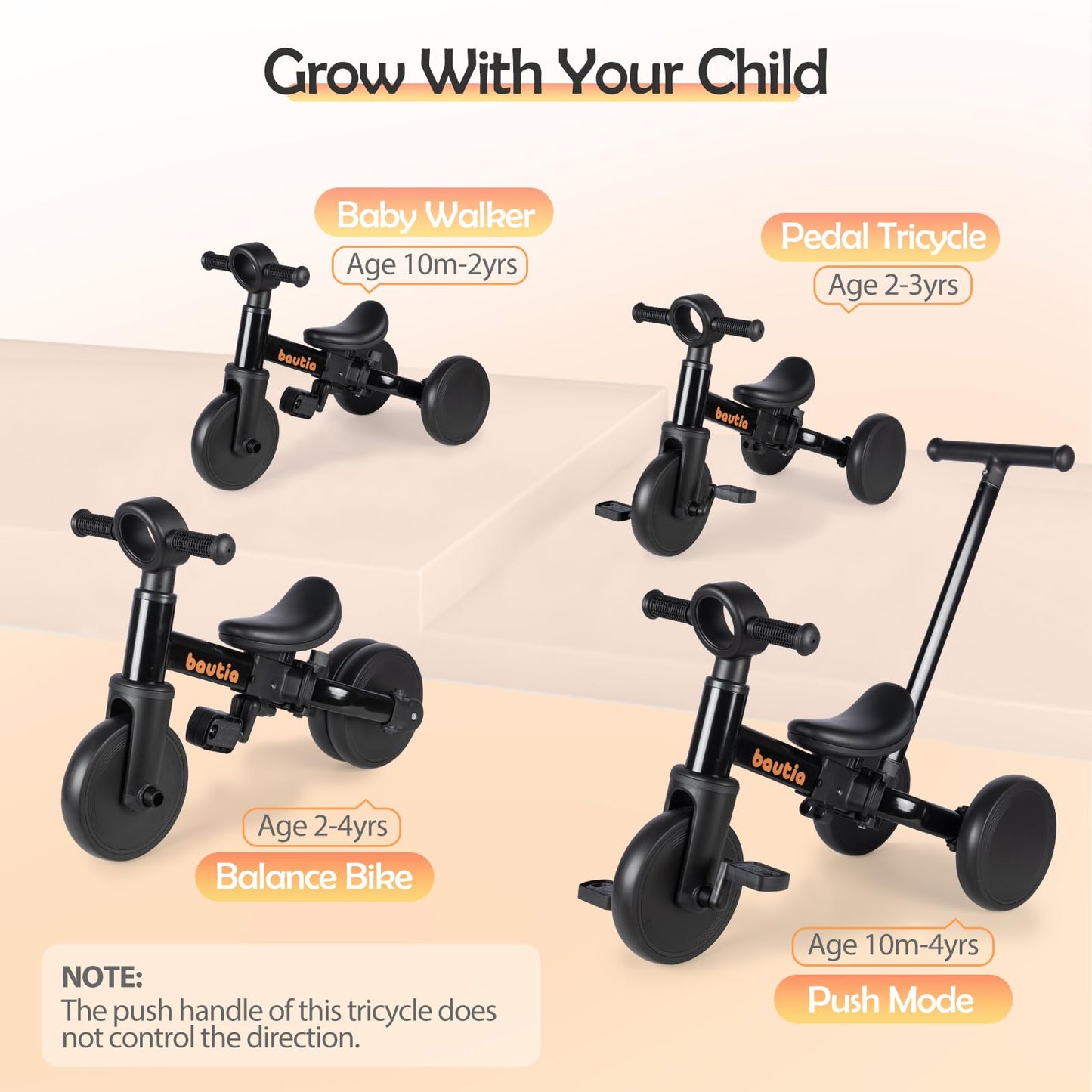 Bautia Tricycle for Toddlers 1-3 with Push Handle, 5 in 1 Baby Balance Bike for 1-4 Years Old Kids Toy, Boys Girls Bicycle Gift