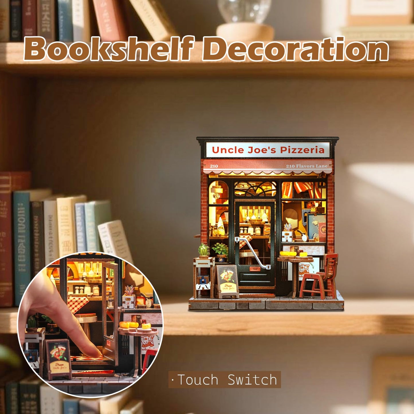 Fsolis Book Nook Kit - DIY Scene Miniature Dollhouse Kit for mature-themeds Shelf 3D Puzzles 285 pcs Tiny House Mini Music Shop Model Booknook Craft Bookshelf Decor Gifts for Women (Uncle Joe 's Pizzeria)