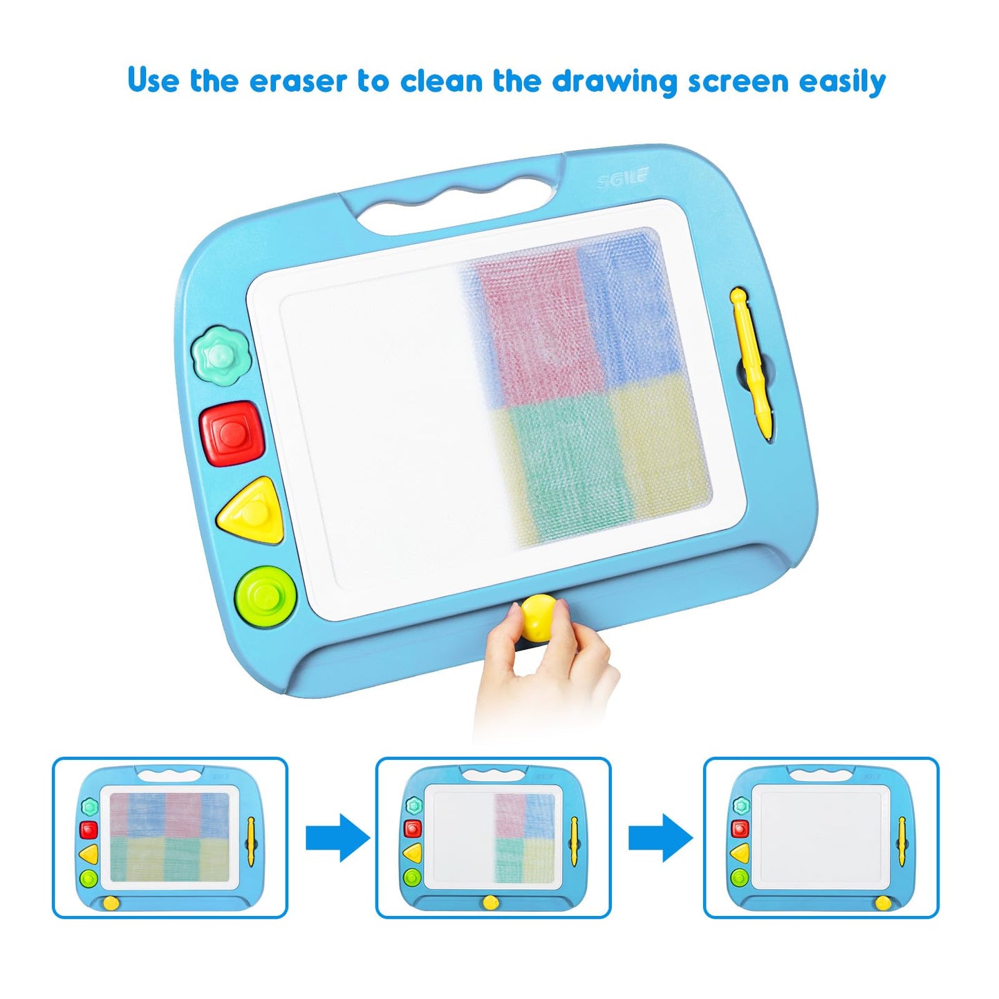 Sgile Large Magnetic Drawing Board - 4 Colors 16×13In Doodle Pad With 4 Stamps For Toddlers, Learning Toy Board Etch Sketch Gift For 36+ Month Kids Girls Boys, Light-Blue
