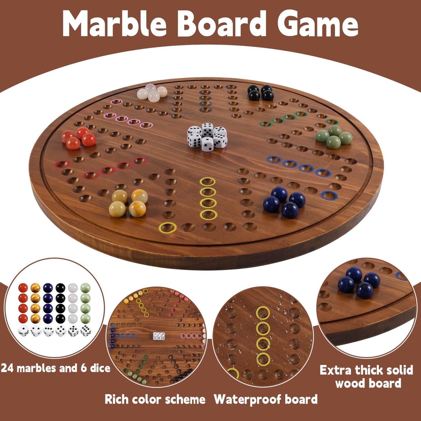 Circular Large Marble Board Game With Double-Sided Painted Wooden Fast Track Board Game With 30 Marbles 6 Dice4-Player Game 6-Pl