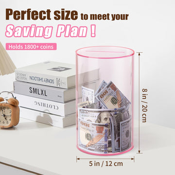 Hicocool Clear Piggy Bank For Adults Kids Must Break To Open, Pink Acrylic Piggy Bank Unopenable Money Savings Jar (8' H X 5' D)
