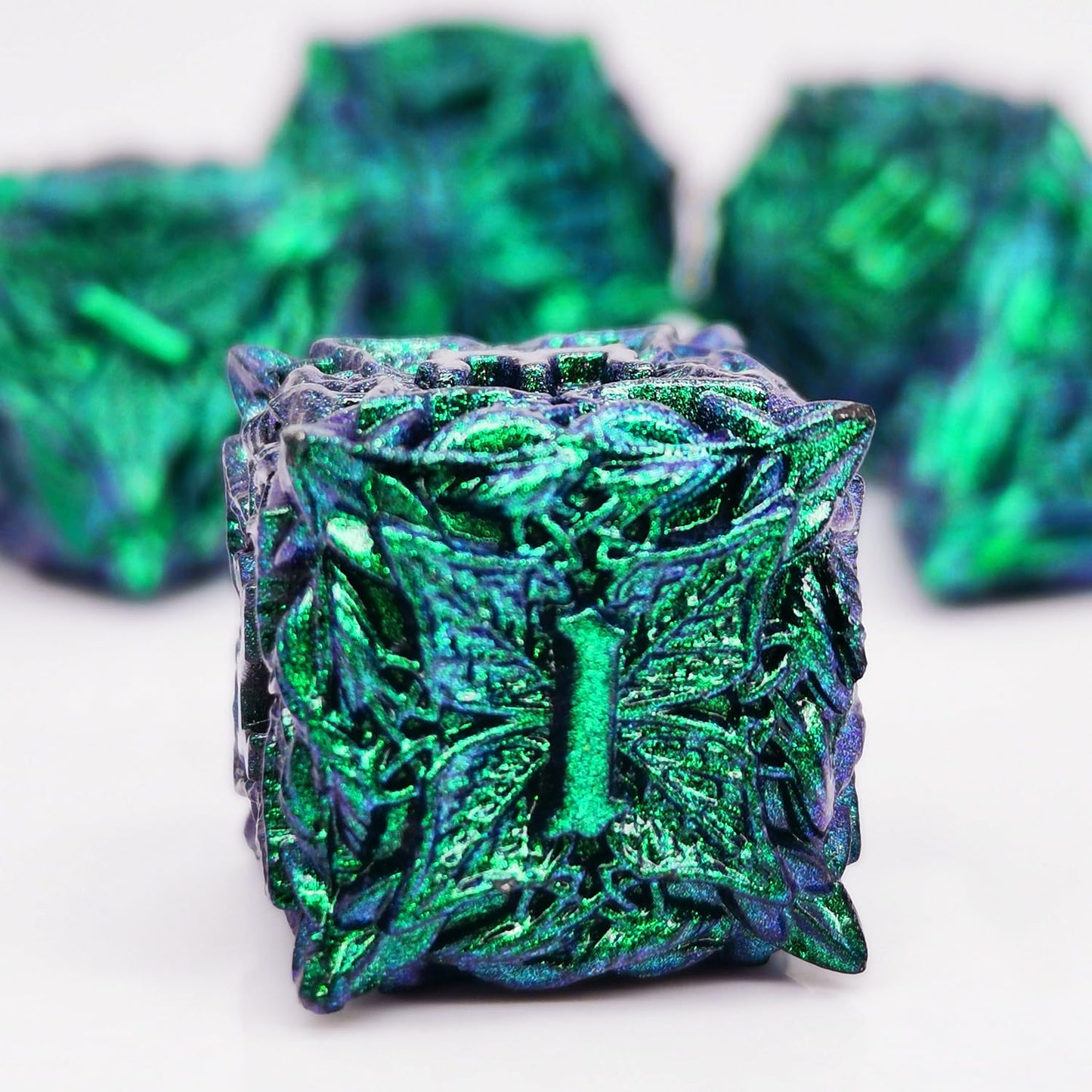 MJDICEOK Metal Dice Vine Leaf Set 7 Role Playing Polyhedral D&D Solid Dungeons and Dragons Dice (Green Blue)