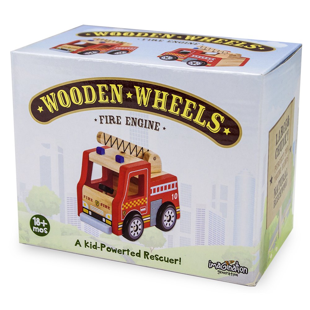 Wooden Wheels Natural Beechwood Chunky Cars and Vehicles Imagination Generation | For Children +12 Months | Red Firetruck