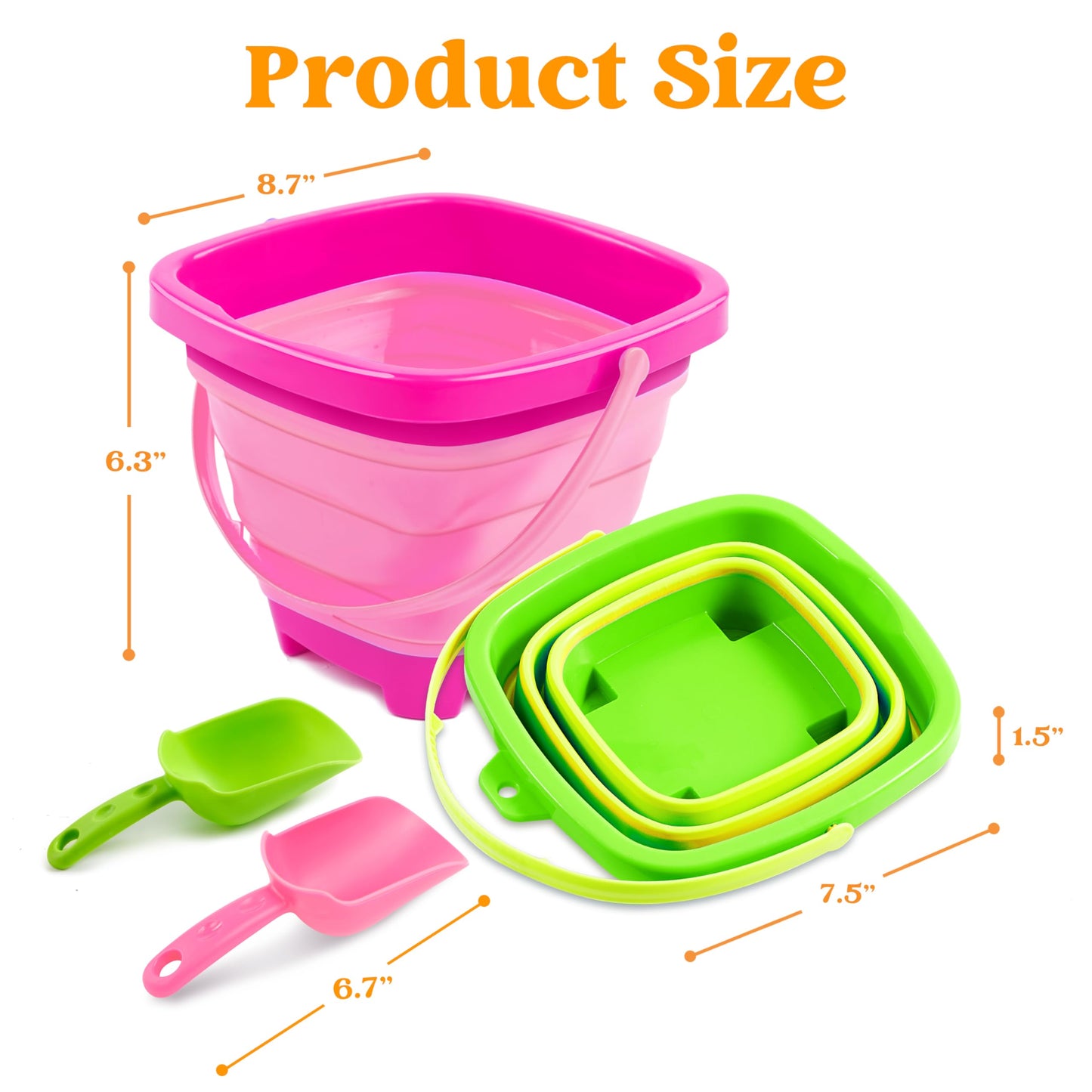 Sloosh 3 Pcs Foldable Buckets With 3 Shovels, Square Sand Water Bucket Sandbox Party In Summer Collapsible Silicone Pail Bucket