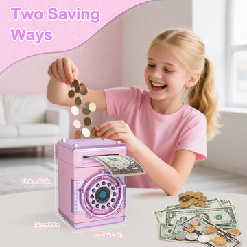 Refasy Electronic Money Bank for Girls, Pink ABS Piggy Bank with Fingerprint Simulation, Ideal for Ages 3-12, Birthday & Xmas Gifts