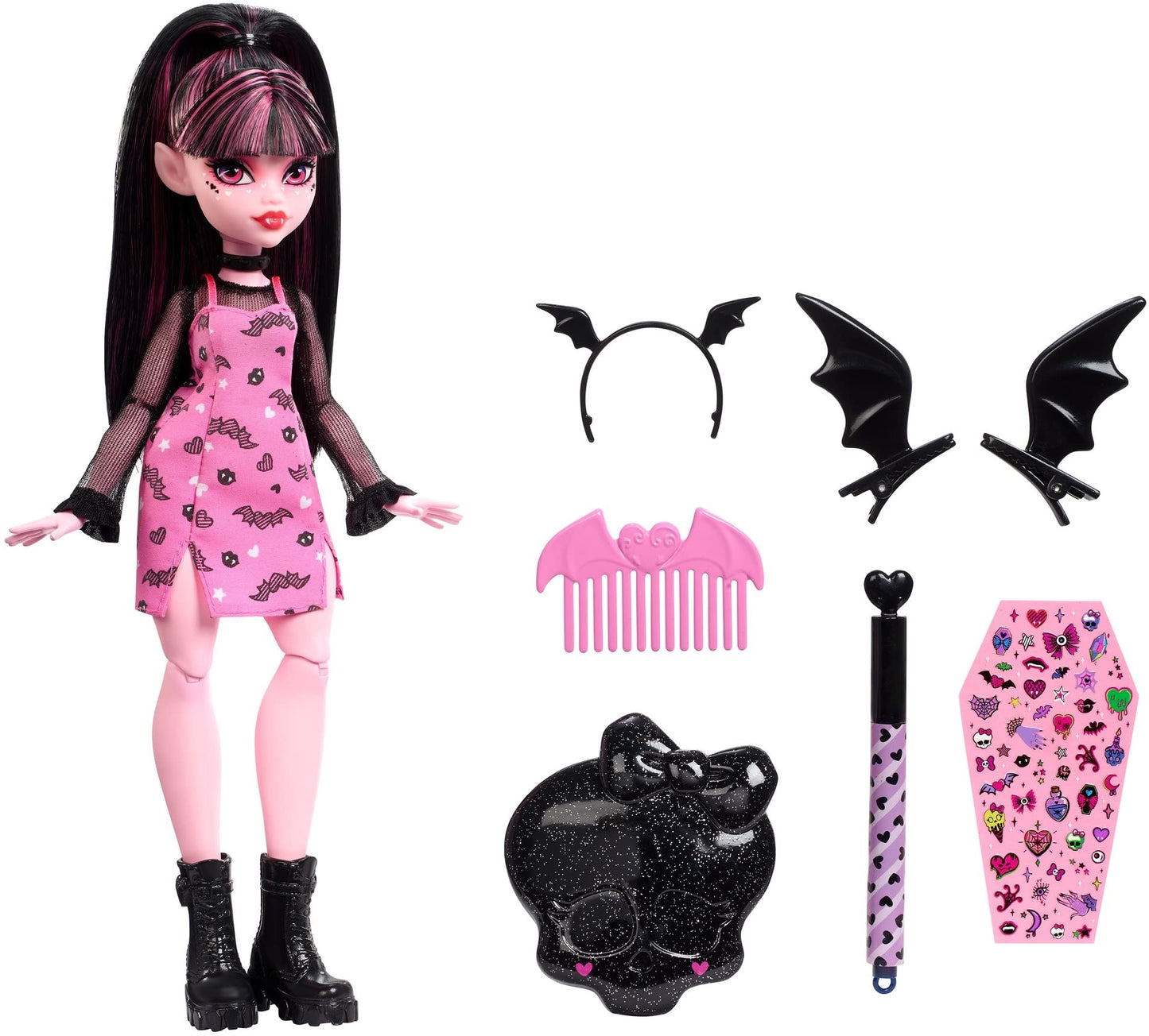 Monster High Draculaura Doll & Accessories, Gore-ganizer Beauty Kit with Bat Clips, Comb & Mirror, Customizable with Stamp Pen &
