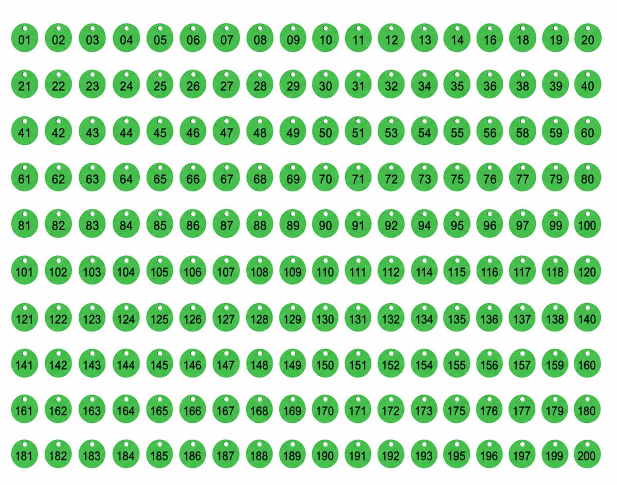 Morel (1 To 200) Numbered Token Coins, Green, Plastic, Round, 35 Mm, With Hole, Set Of 200 For Shop, Board Games, School Queue M