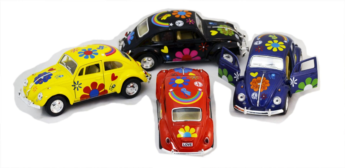 KiNSMART Diecast Cars Set of 4 - 1/32 Scale VW Happy Flower Beetle, Pull Back Action, Yellow/Rubber