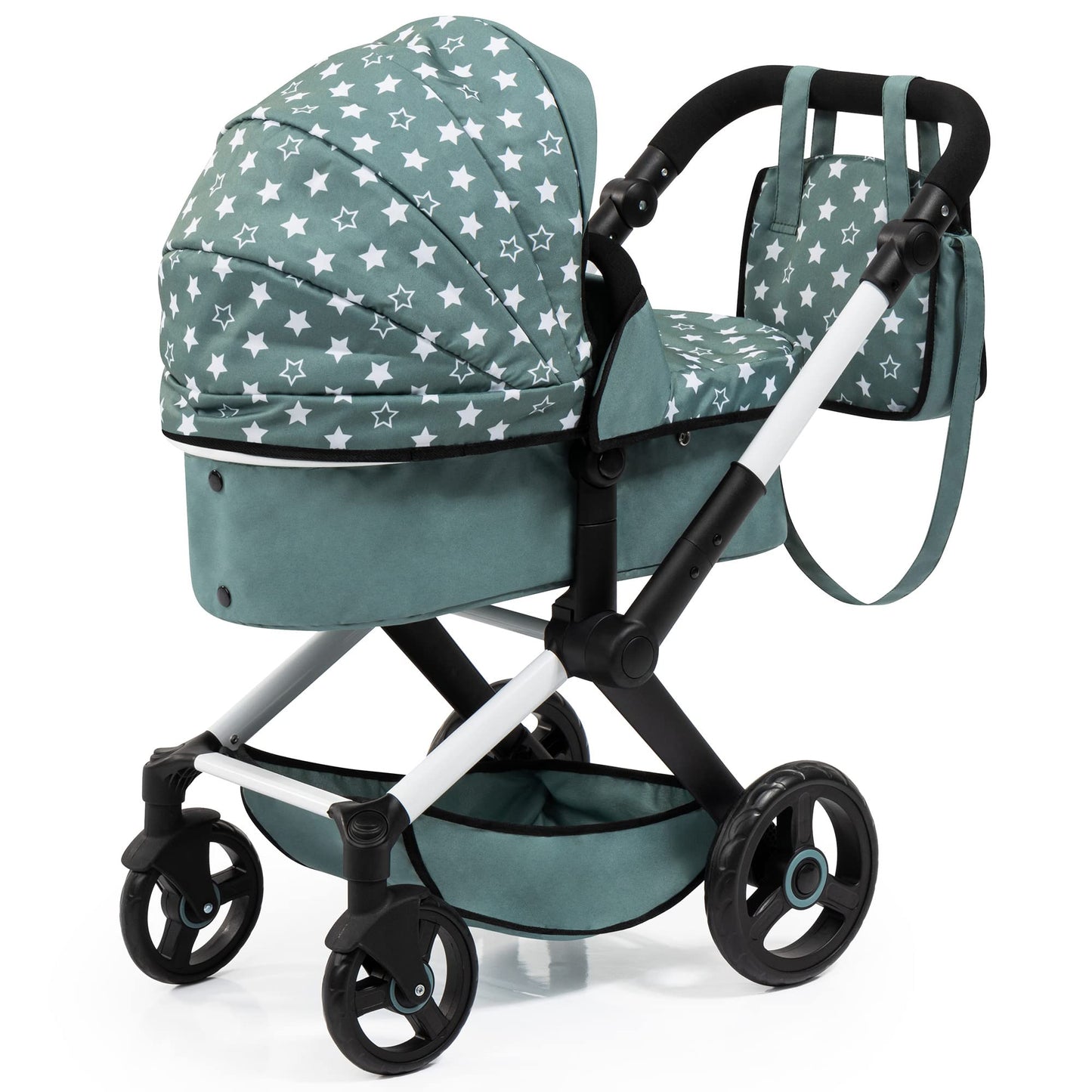 Bayer Design Dolls: Pram Xeo: Stars Green & White - Matching Handbag, Adjustable Handle, For Dolls Up To 20'', Ages 3+