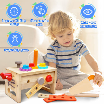 Mgtfbg Kids Tool Set - 29 PCS Wooden Toddler Tool with Box, Montessori STEM Educational Pretend Play Construction Toy for 2 3 4