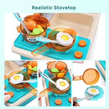CUTE STONE Play Kitchen Sink Toys with Upgraded Real Faucet, Play Cooking Stove, Cookware Pot and Pan,Play Food, Color Changing