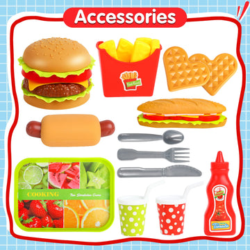 FINGOOO Pretend Play Food Set, Hamburger Fries Pizza Popcorn Toys Role Play Take Apart Educational Gift for Kids Boys Girls