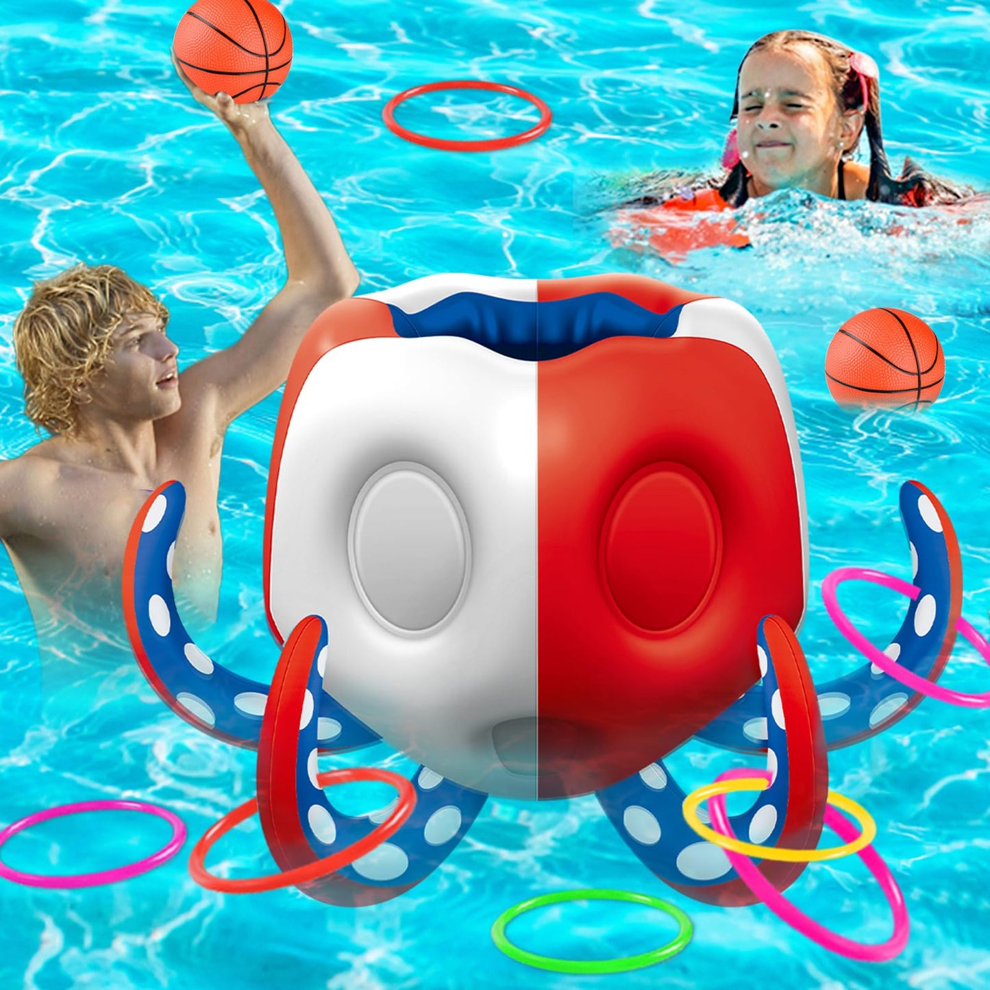 Octopus Pool Toys, 2-In-1 Kids Inflatable Basketball Hoop & Ring Toss Yard Games, Family Party Indoor Outdoor Water Play, Cool S