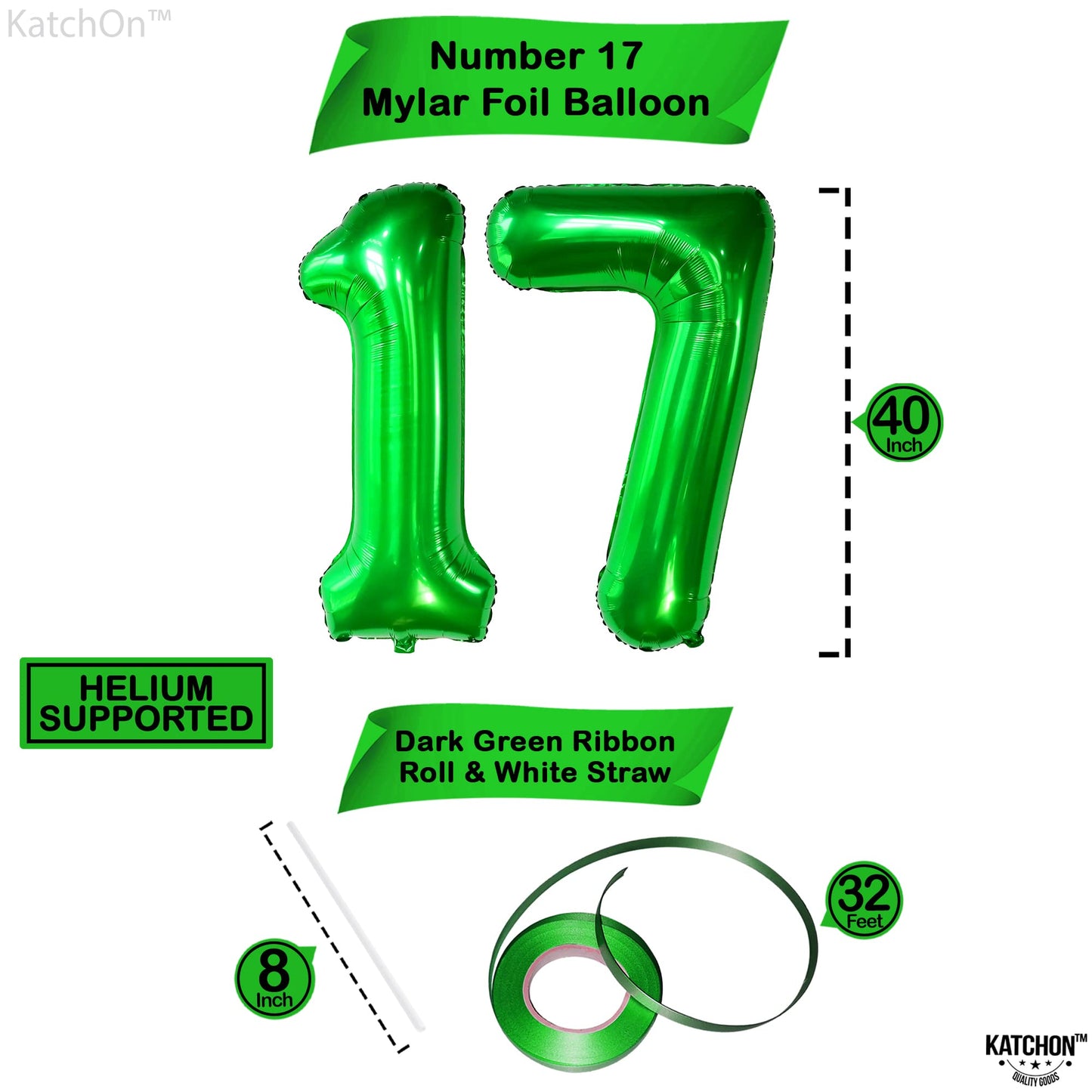 Katchon, Dark Green 17 Balloon Numbers - 40 Inch | Green Number 17 Balloons For 17Th Birthday Decorations For Girls | 17 Birthday Balloons For 17Th Birthday Decorations For Boys | 17 Number Balloons