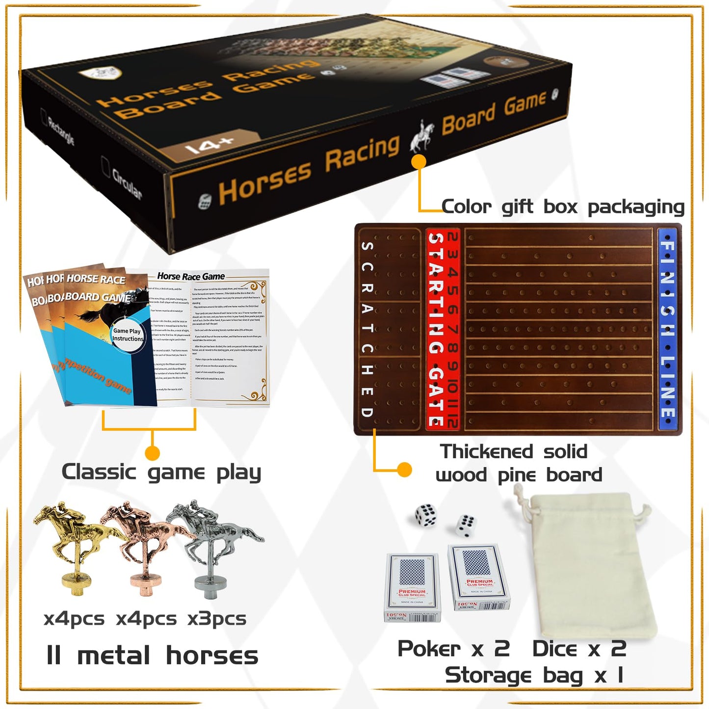 Jyquorp Metal Horse Race Board Game Racing Game Thickened Solid Wood With 11 Luxurious Durable Classic Metal Horses With 4 Dice