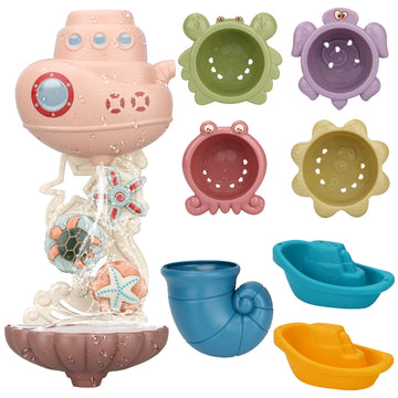 Lzzapj Bath Toys For Toddlers Age 2-4, Bathtub Water Toys For Kids Age 1-3, Toddler Bath Toy Contains 4 Stackable Cups And 2 Boats And 1 Conch Spoon, Gift For Infants Boys Girls 6-12 Months