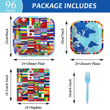 96 Pcs International World Flags Plates And Napkins Party Supplies Travel Trip Around The Globe Tableware Set Retirement Party D