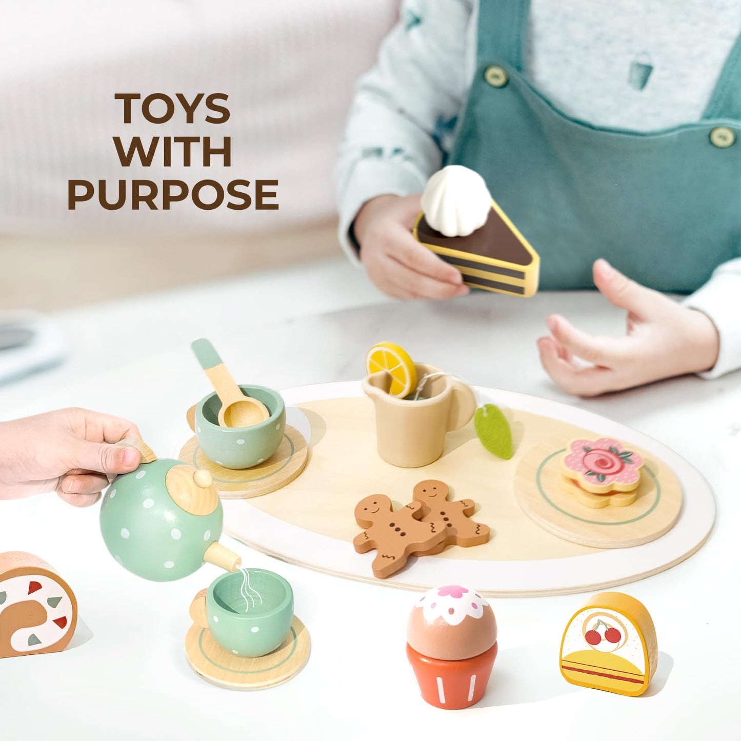 Tea Party Set for Little Girls with Cupcake Stand, Wooden Tea Set Toys for Girls Age 3 4 5 6 7 Year Old, Toddler Kids Kitchen Pr