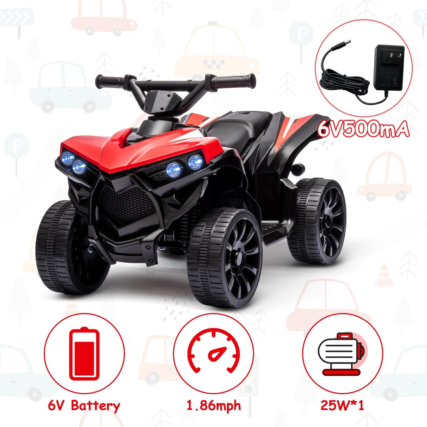 Kids ATV 4 Wheeler, 6V Ride on Toy with 1.8MPH Max Speed, Wear-Resistant Wheels, Music & Foot Pedal, Battery Powered Electric Qu